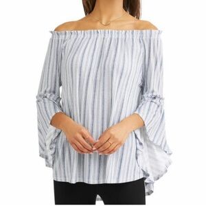🌞 Time and Tru blue & white bell sleeves Bardot stle off the shoulder women XXL